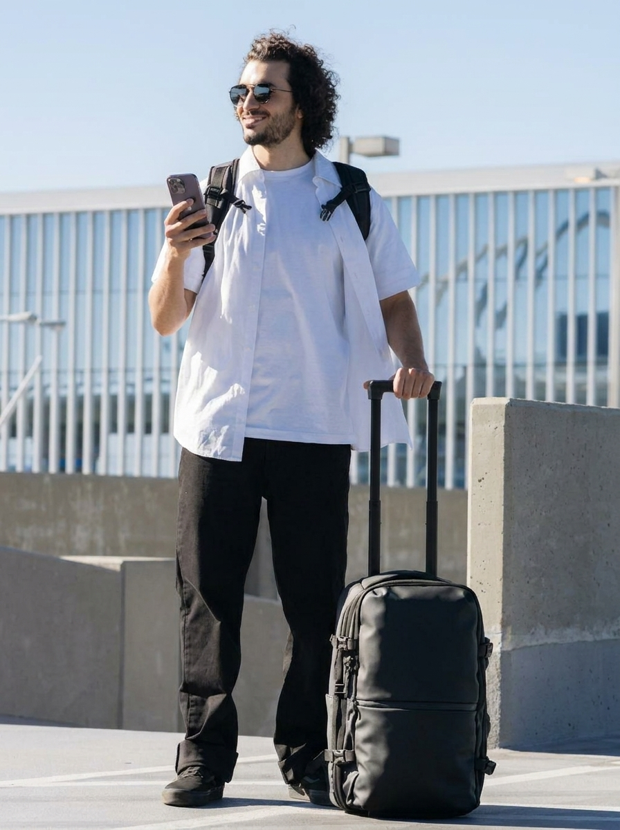 Reisender am Flughafen mit Carry-On-konformem Rucksack